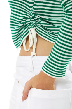 Women's Top in Green and White Stripes with Long Sleeves - Cozy Crew Neck, Stylish Tie Details, Versatile Wear