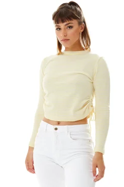 Women's Top in Yellow and White Stripes with Long Sleeves and Tie Details for Effortless Style