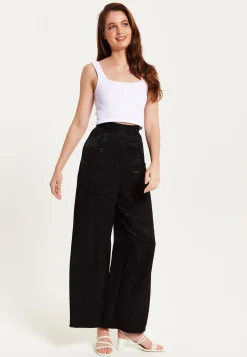 Women's Trousers - High Waist Black Animal Print Wide Leg with Front Buttons & Pockets, Fits Small - Liquorish