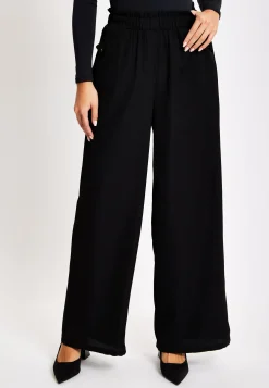 Women's Trousers - High Waist Black Wide Leg with Front Pockets, Elasticated Waist, Regular Fit - Liquorish