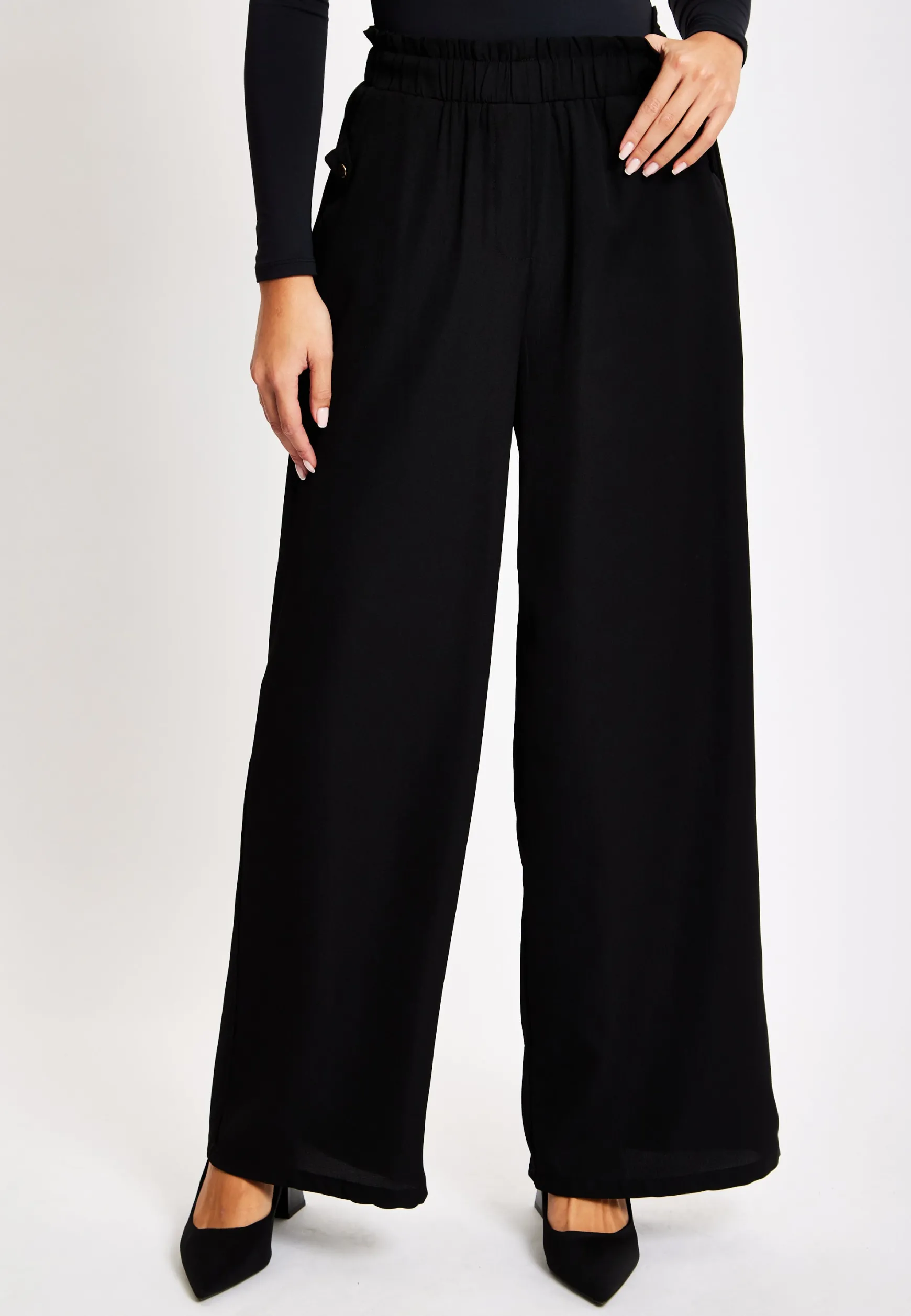Women's Trousers - High Waist Black Wide Leg with Front Pockets, Elasticated Waist, Regular Fit - Liquorish