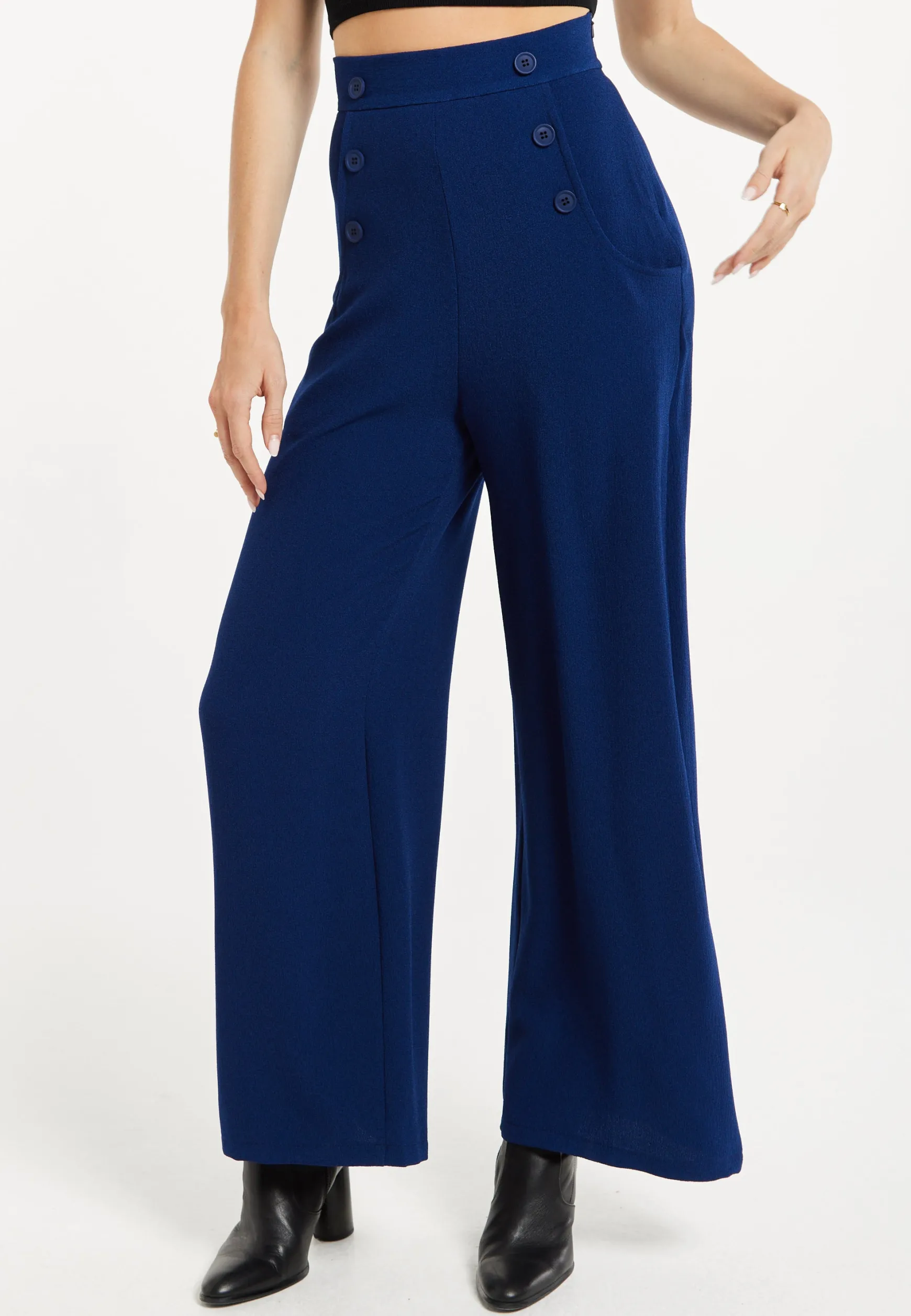 Women's Trousers - High Waist Navy Wide Leg with Front Buttons & Zip-Side Fastening, Liquorish