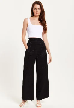 Women's Trousers - High Waist Black Animal Print Wide Leg with Front Buttons & Pockets, Fits Small - Liquorish