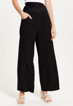 Women's Trousers - High Waist Black Animal Print Wide Leg with Front Buttons & Pockets, Fits Small - Liquorish