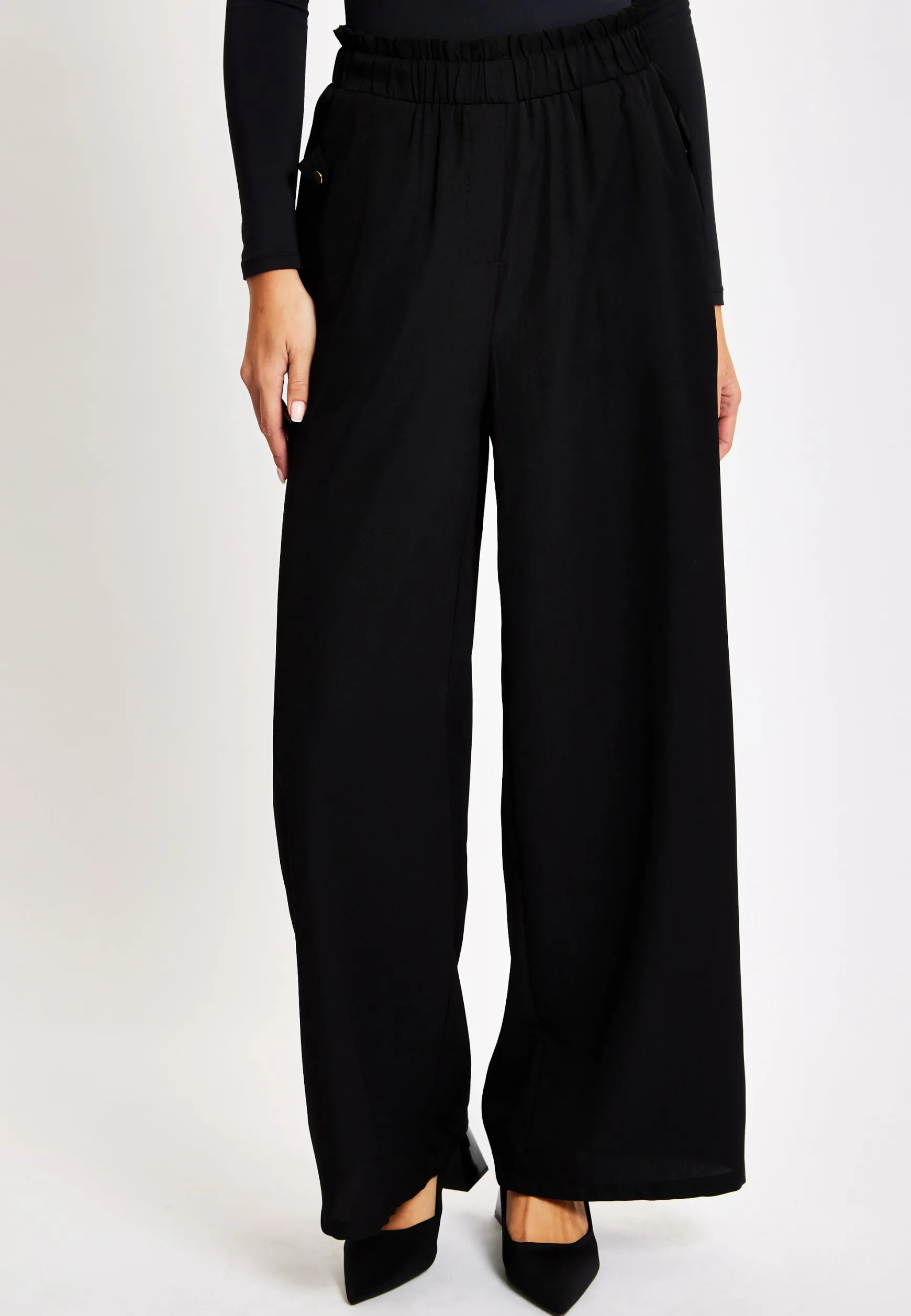 Women's Trousers - High Waist Black Wide Leg with Front Pockets, Elasticated Waist, Regular Fit - Liquorish