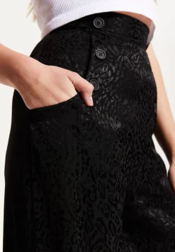 Women's Trousers - High Waist Black Animal Print Wide Leg with Front Buttons & Pockets, Fits Small - Liquorish