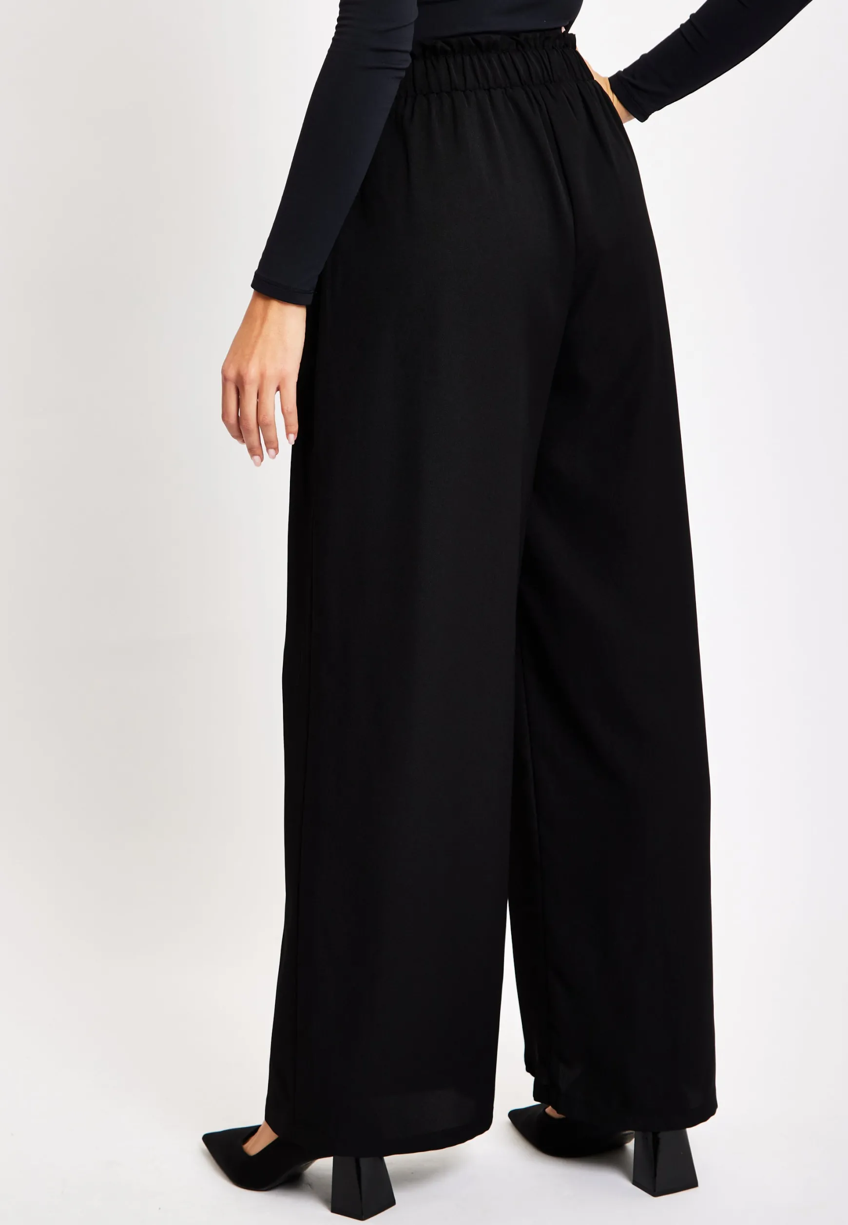 Women's Trousers - High Waist Black Wide Leg with Front Pockets, Elasticated Waist, Regular Fit - Liquorish