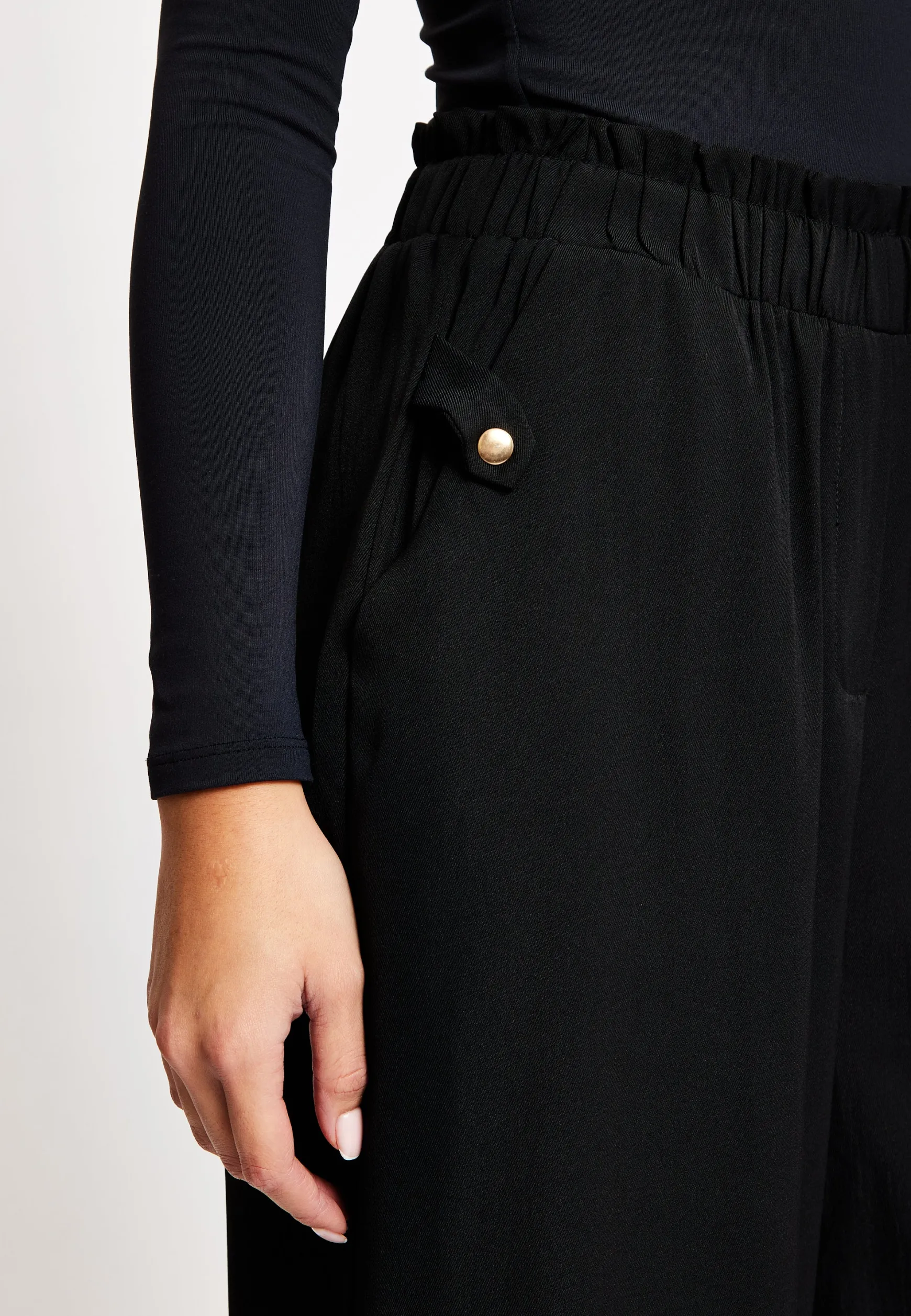 Women's Trousers - High Waist Black Wide Leg with Front Pockets, Elasticated Waist, Regular Fit - Liquorish