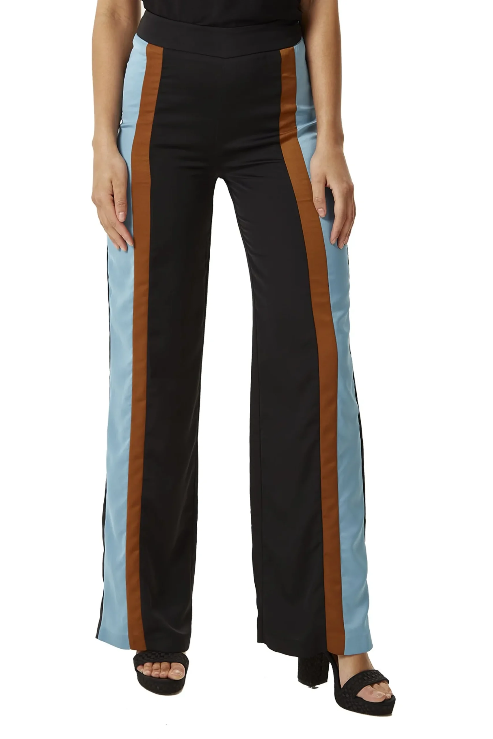Women's Trousers - Navy and Blue Colour Block Wide Leg, High Rise, Regular Fit, Side Zip - Liquorish