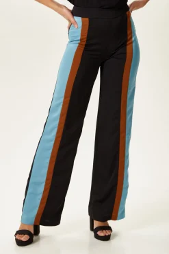 Women's Trousers - Navy and Blue Colour Block Wide Leg, High Rise, Regular Fit, Side Zip - Liquorish