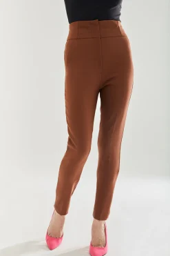 Women's Trousers - Plain Brown Skinny Fit Ankle Length with Zip Closure - Liquorish