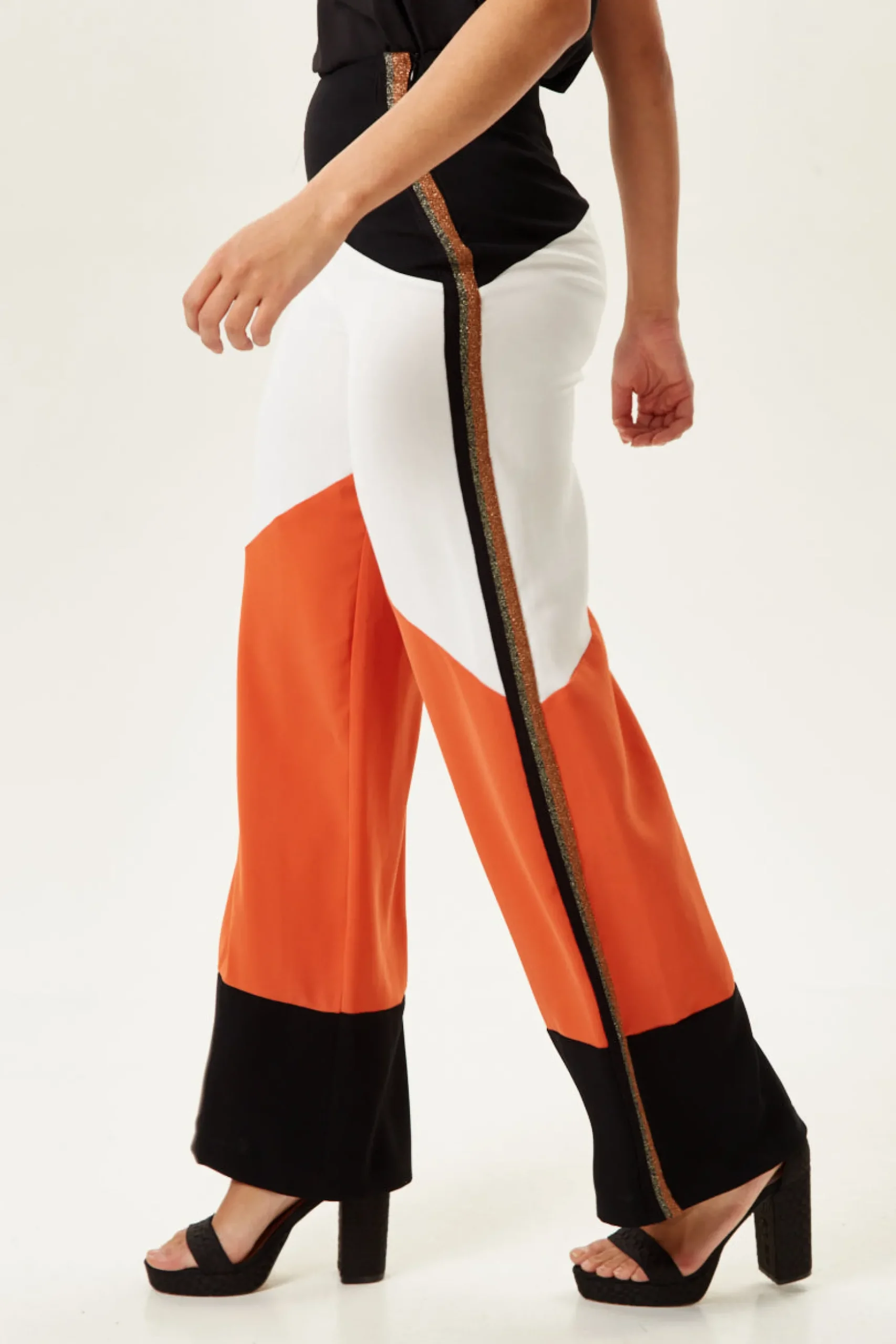 Women's Trousers: High Rise Wide Leg Colour Block with Lurex Details - Side Zip, Regular Fit - Liquorish