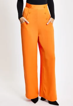 Women's Trousers High Waist Orange Wide Leg with Front Buttons and Pockets, Zip-Side Fastening, Liquorish