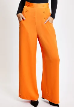 Women's Trousers High Waist Orange Wide Leg with Front Buttons and Pockets, Zip-Side Fastening, Liquorish