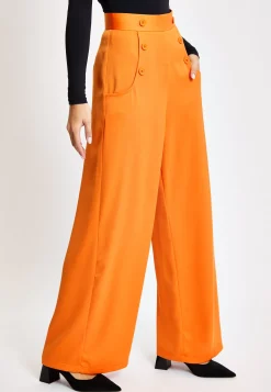 Women's Trousers High Waist Orange Wide Leg with Front Buttons and Pockets, Zip-Side Fastening, Liquorish