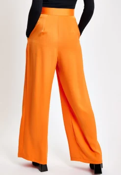 Women's Trousers High Waist Orange Wide Leg with Front Buttons and Pockets, Zip-Side Fastening, Liquorish