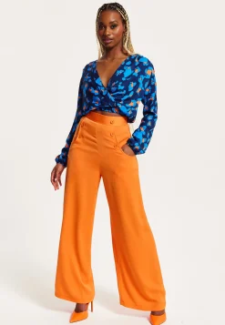 Women's Trousers High Waist Orange Wide Leg with Front Buttons and Pockets, Zip-Side Fastening, Liquorish