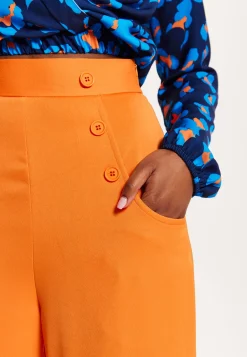 Women's Trousers High Waist Orange Wide Leg with Front Buttons and Pockets, Zip-Side Fastening, Liquorish