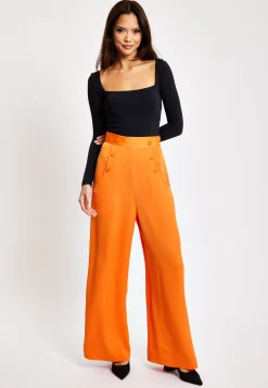 Women's Trousers High Waist Orange Wide Leg with Front Buttons and Pockets, Zip-Side Fastening, Liquorish