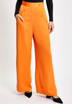 Women's Trousers High Waist Orange Wide Leg with Front Buttons and Pockets, Zip-Side Fastening, Liquorish