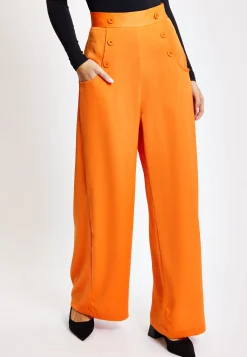 Women's Trousers High Waist Orange Wide Leg with Front Buttons and Pockets, Zip-Side Fastening, Liquorish