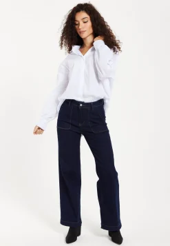 Women's Trousers: High-Waisted Dark Navy Wide-Leg Jeans with Deep Front Pockets, Clean Stitching - Liquorish
