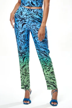 Women's Trousers in Blue and Green Ombre Zebra Print with Flare Leg - Tailored Fit by Liquorish
