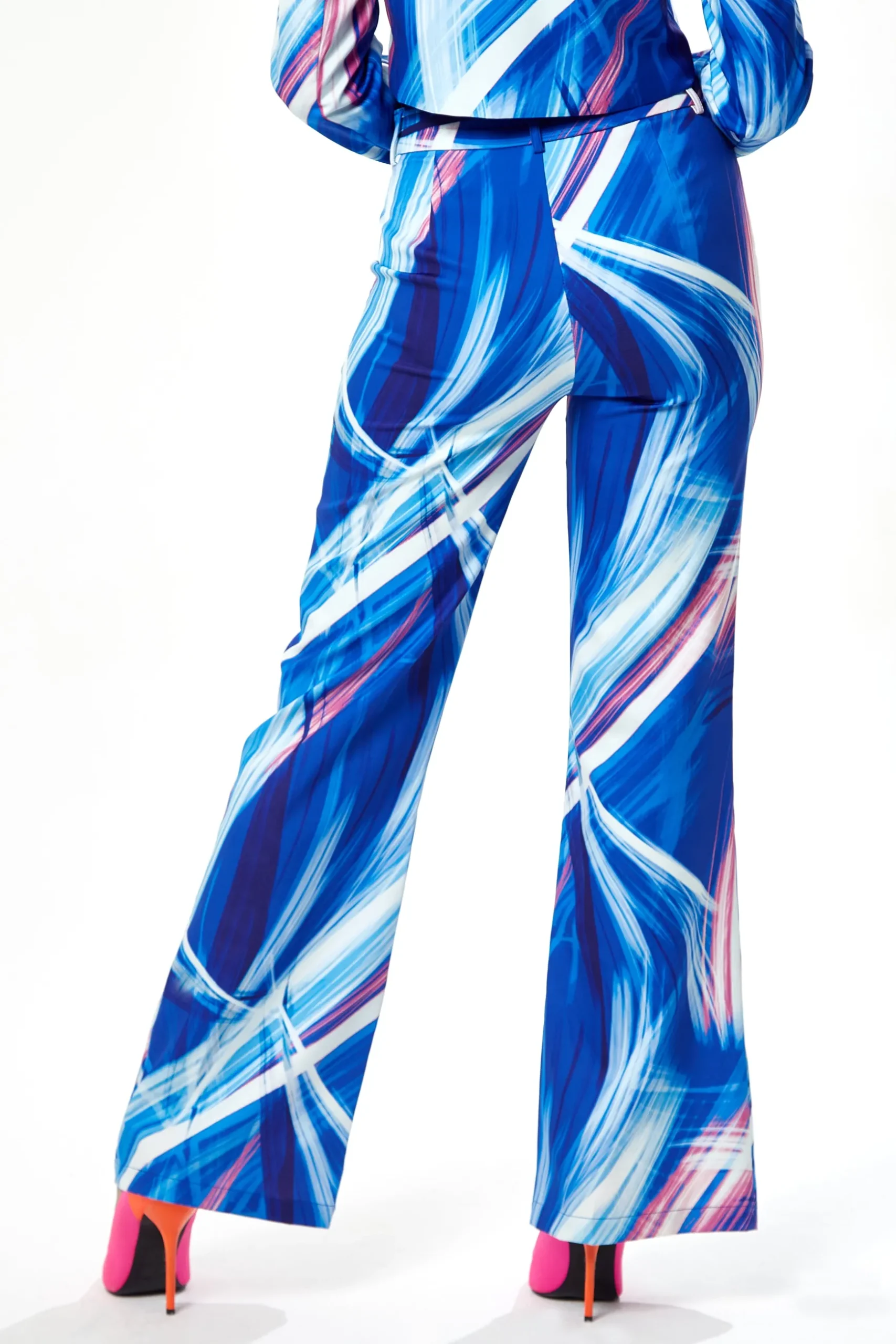 Women's Trousers in Blue, White & Pink Graphic Print with High Rise and Narrow Waistband - Liquorish
