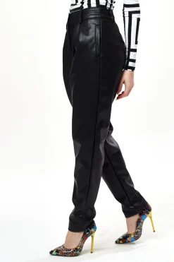 Women's Trousers in Classic Black with Pleated Detail and Tapered Fit - Stylish Leather Look by Liquorish