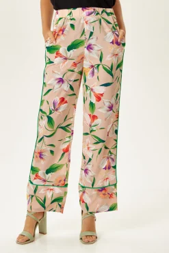 Women's Trousers in Floral Print with Green Piping and Side Pockets - Fitted Wide Leg Style by Liquorish