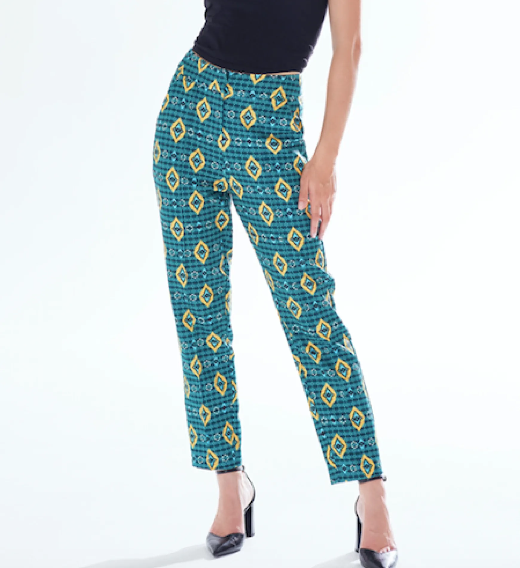 Women's Trousers in Green, Yellow & Navy Geometric Print with Tailored Fit by Liquorish