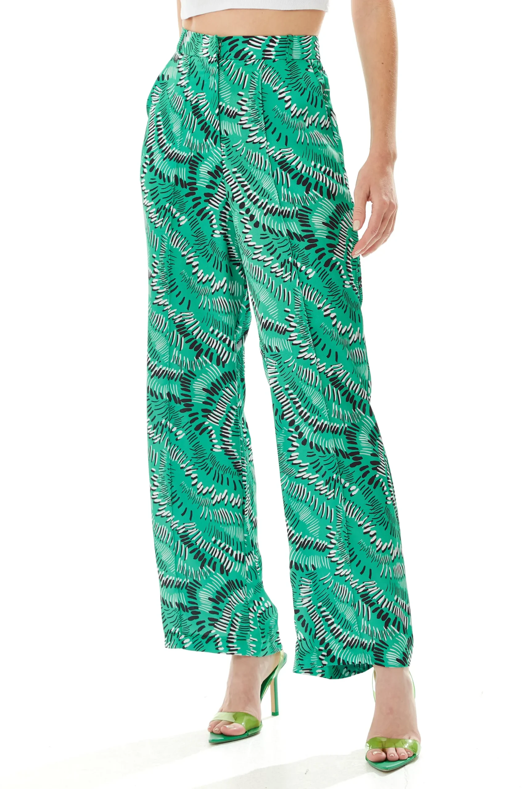 Women's Trousers in Green with Abstract Print, High Rise, Wide Leg Design - Liquorish