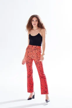 Women's Trousers in Red, Orange & Black Ombre Leopard Print with High Waist & Button Slit Detail - Liquorish