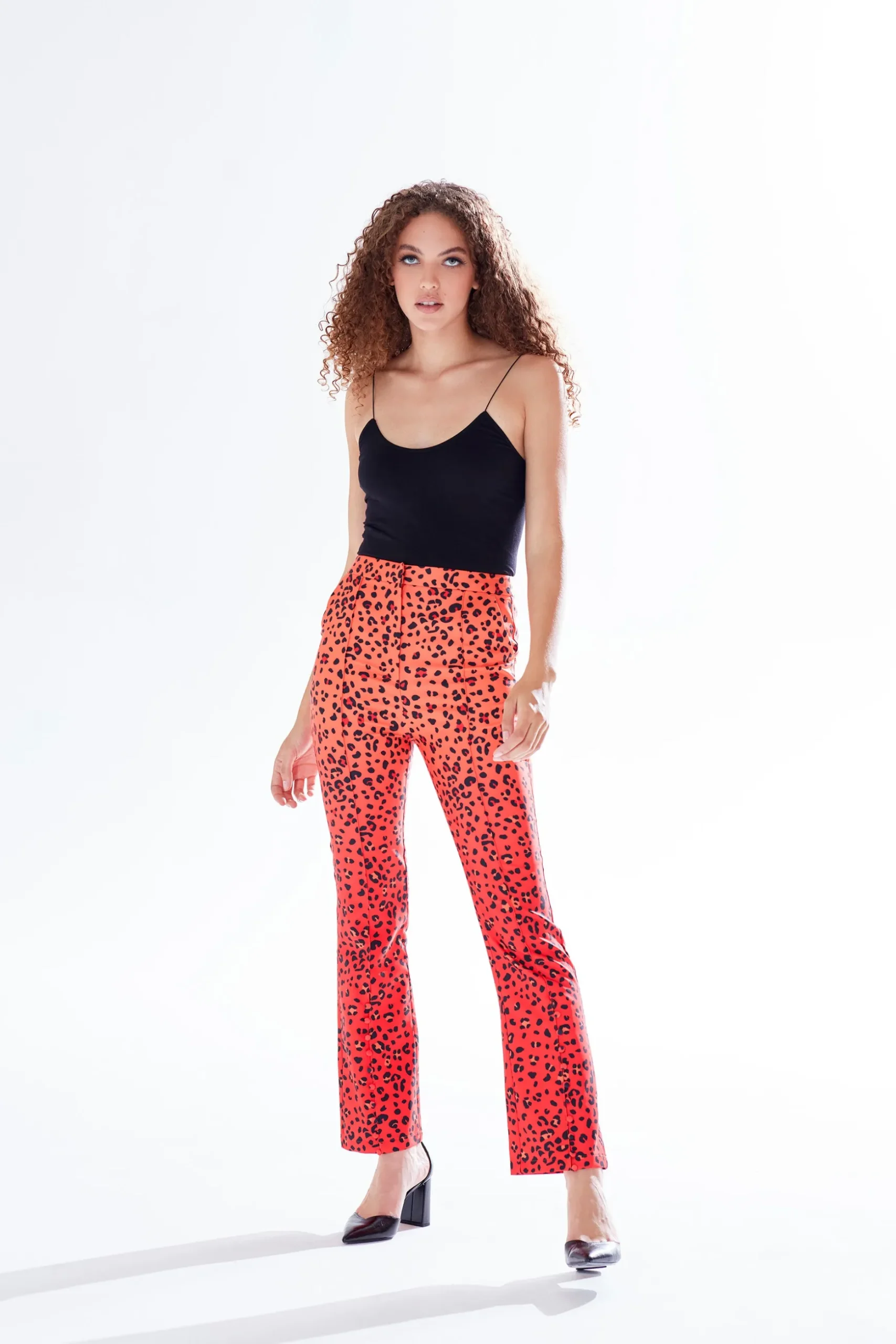 Women's Trousers in Red, Orange & Black Ombre Leopard Print with High Waist & Button Slit Detail - Liquorish