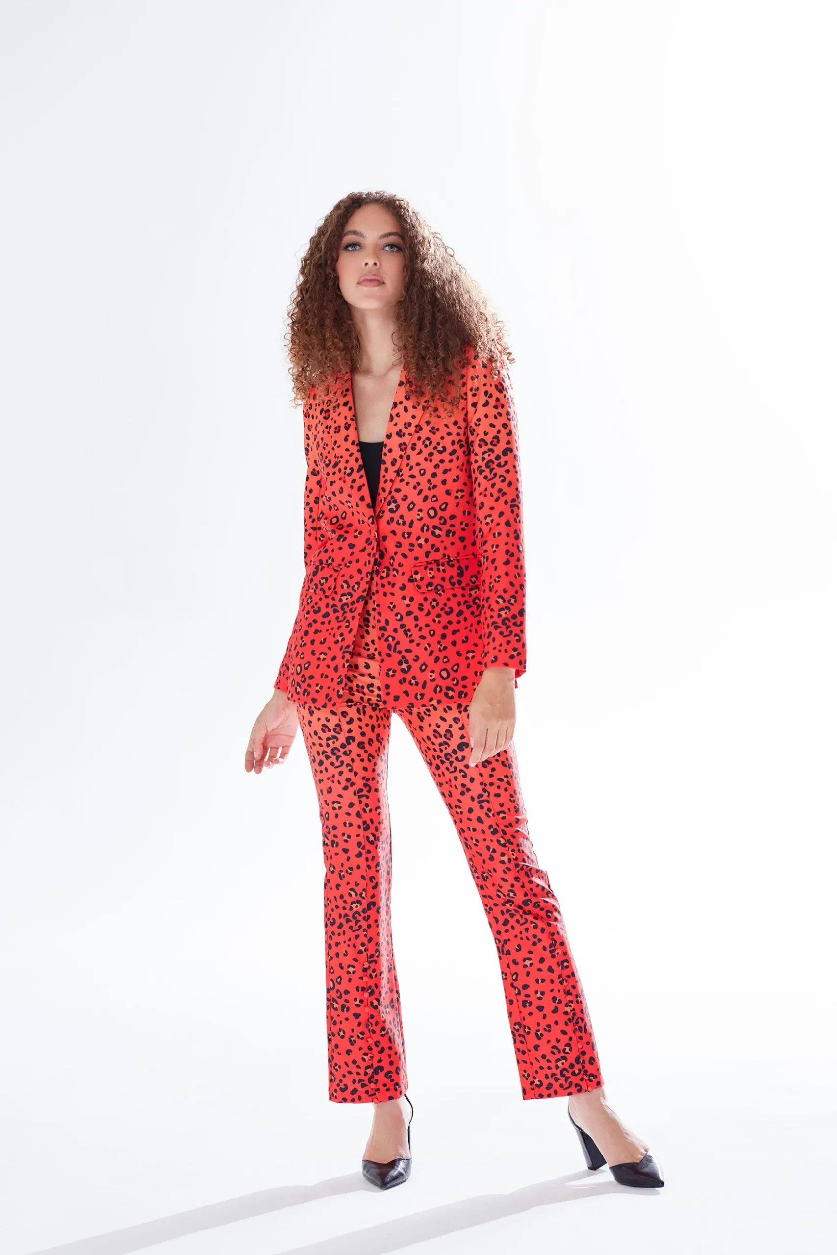 Women's Trousers in Red, Orange & Black Ombre Leopard Print with High Waist & Button Slit Detail - Liquorish