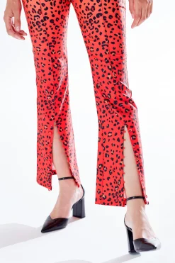 Women's Trousers in Red, Orange & Black Ombre Leopard Print with High Waist & Button Slit Detail - Liquorish