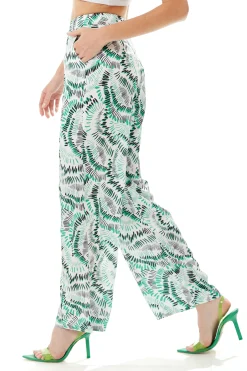 Women’s Trousers in White with Abstract Print, High Rise, Wide Legs, Front Pockets, Regular Fit - Liquorish