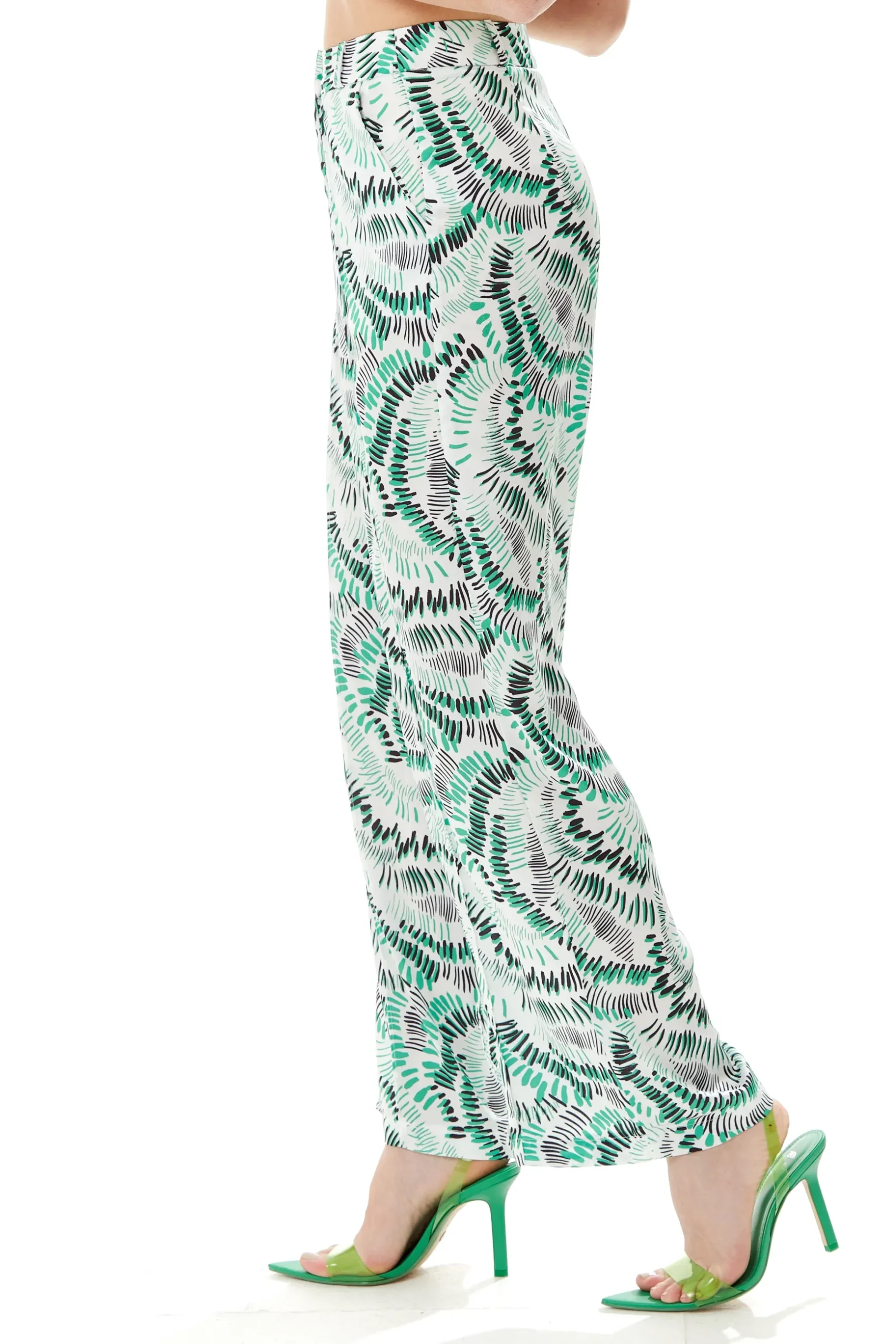 Women’s Trousers in White with Abstract Print, High Rise, Wide Legs, Front Pockets, Regular Fit - Liquorish