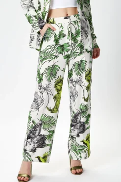 Women's Trousers with High Rise Fit, Bird and Floral Print, Part of Co-ord Set, 100% Polyester - Liquorish