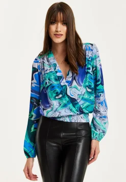 Women's Turquoise Marble Print Wrap Top with Crossover Front, V Neck, Long Sleeves, and Elasticated Waist
