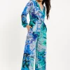 Women's V Neck Long Sleeve Turquoise Marble Print Jumpsuit with Pockets - Liquorish