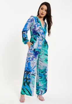 Women's V Neck Long Sleeve Turquoise Marble Print Jumpsuit with Pockets - Liquorish