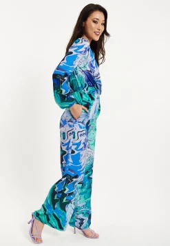 Women's V Neck Long Sleeve Turquoise Marble Print Jumpsuit with Pockets - Liquorish