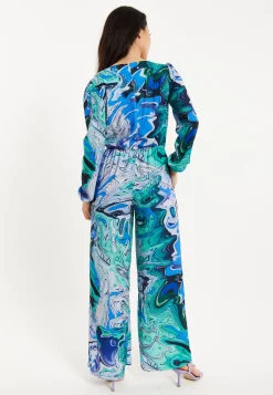 Women's V Neck Long Sleeve Turquoise Marble Print Jumpsuit with Pockets - Liquorish