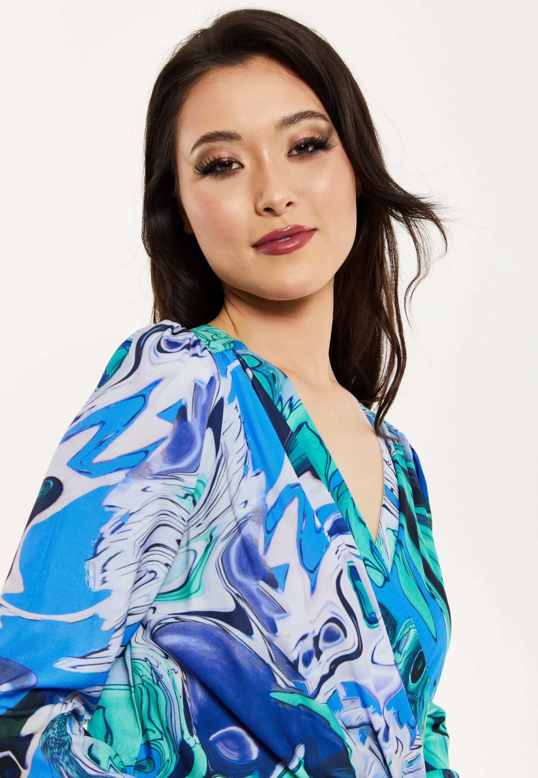 Women's V Neck Long Sleeve Turquoise Marble Print Jumpsuit with Pockets - Liquorish