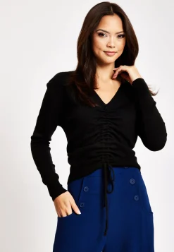 Women's V-Neck Top with Ruching Detail in Black - Full-Length Sleeves, Cropped Fit, Elegant Design