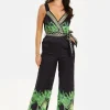 Women's V-neck Wide Leg Jumpsuit with Tie Waist in Leaf Print - Regular Fit, 100% Polyester - Liquorish