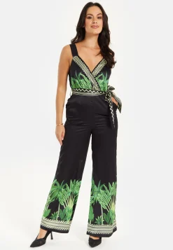 Women's V-neck Wide Leg Jumpsuit with Tie Waist in Leaf Print - Regular Fit, 100% Polyester - Liquorish