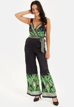 Women's V-neck Wide Leg Jumpsuit with Tie Waist in Leaf Print - Regular Fit, 100% Polyester - Liquorish