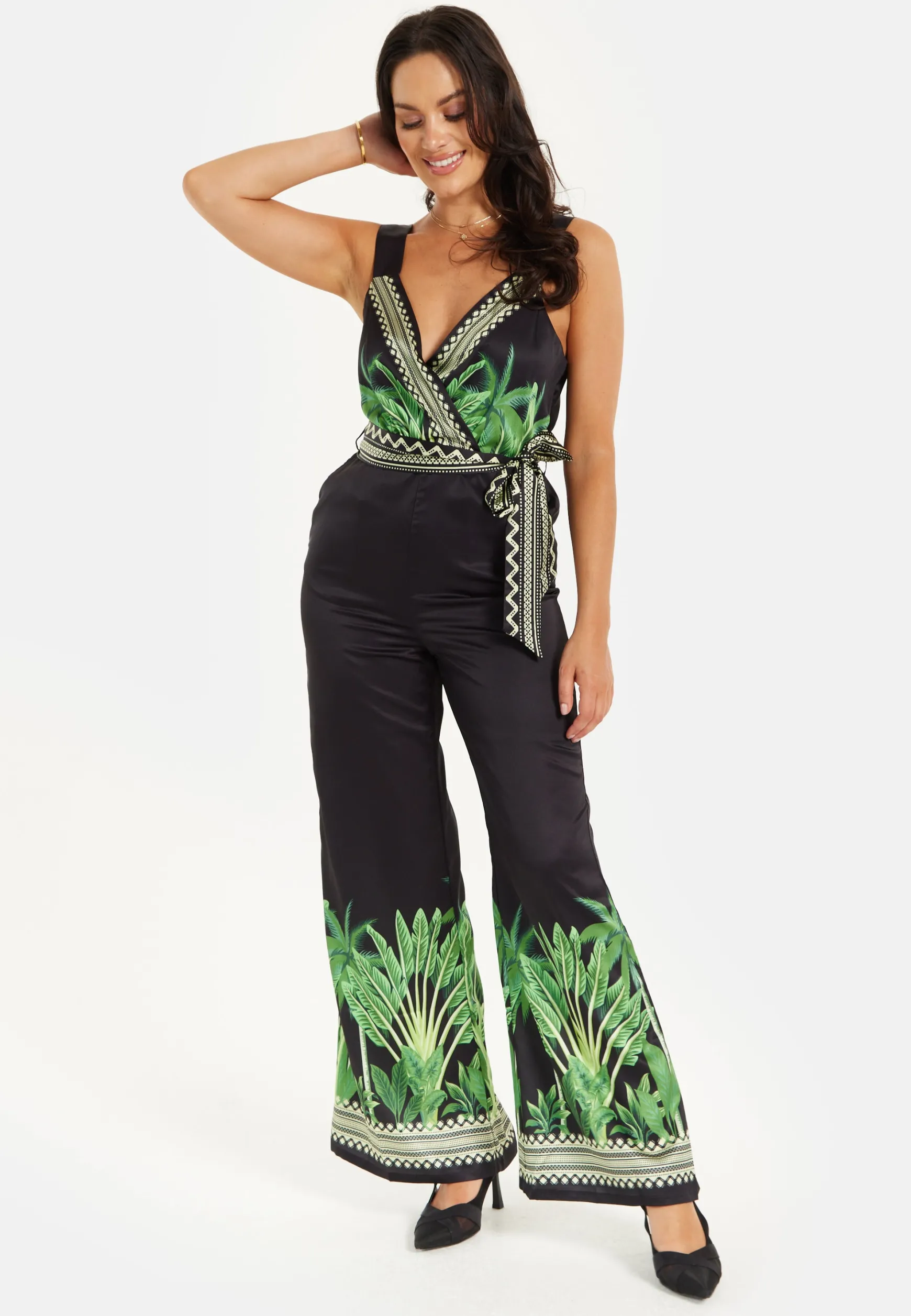Women's V-neck Wide Leg Jumpsuit with Tie Waist in Leaf Print - Regular Fit, 100% Polyester - Liquorish